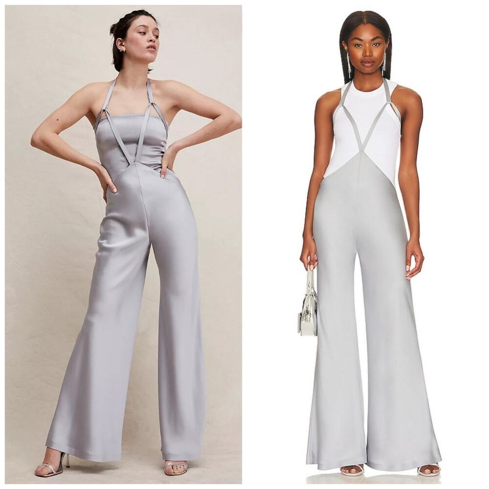 NWT Norma Kamali Silver Satin Halter Bias Overall Pants $315 Medium